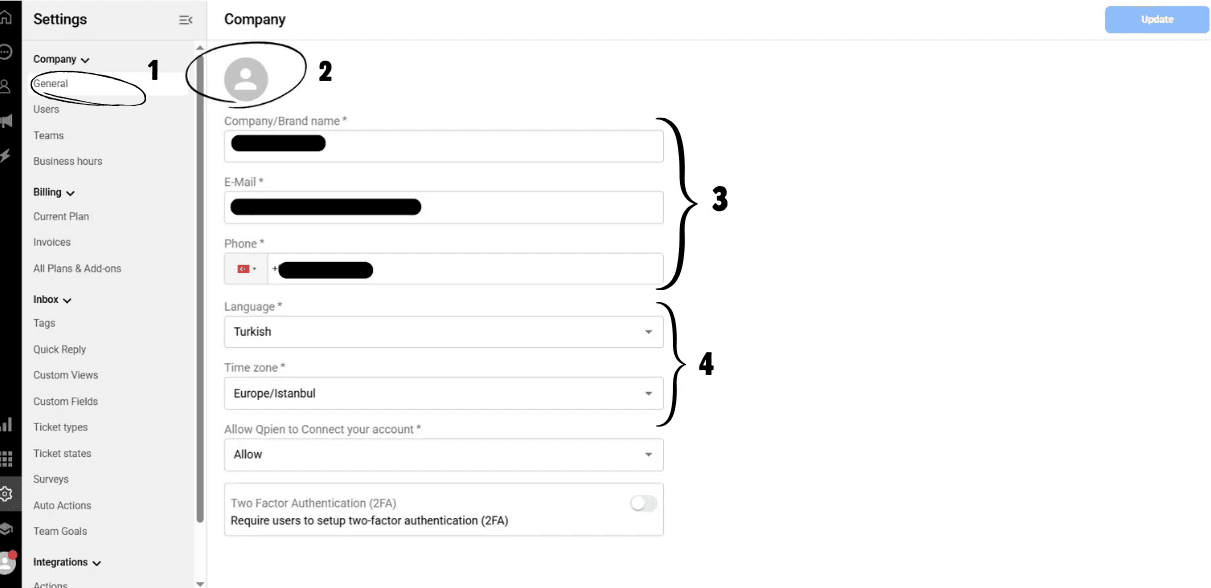 Updating company branding, logo, and contact details in Qpien general settings.