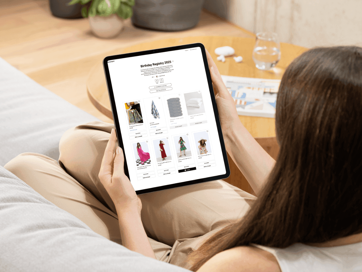 woman looking at moonsift gift registry on her ipad