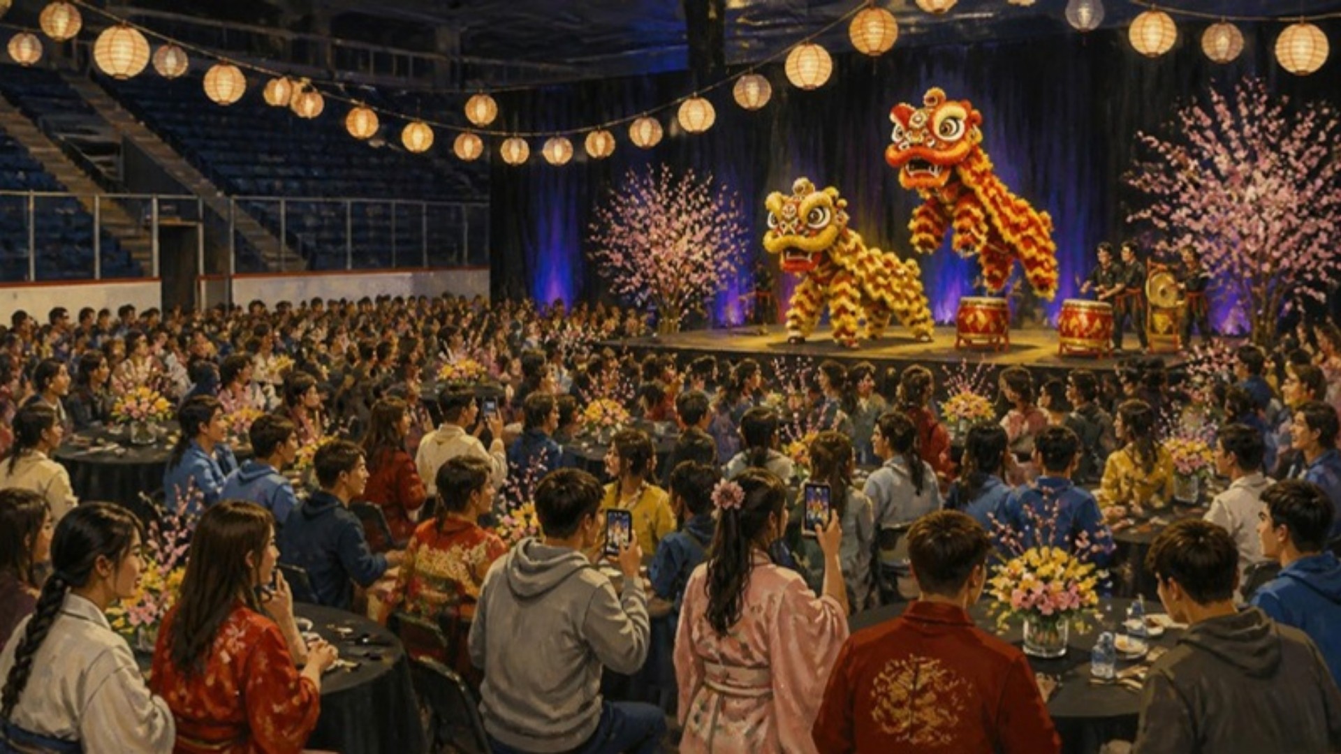 Illustration: the Asian Culture Gala on a hockey arena floor, with lanterns, cherry blossoms, and lion dancers
