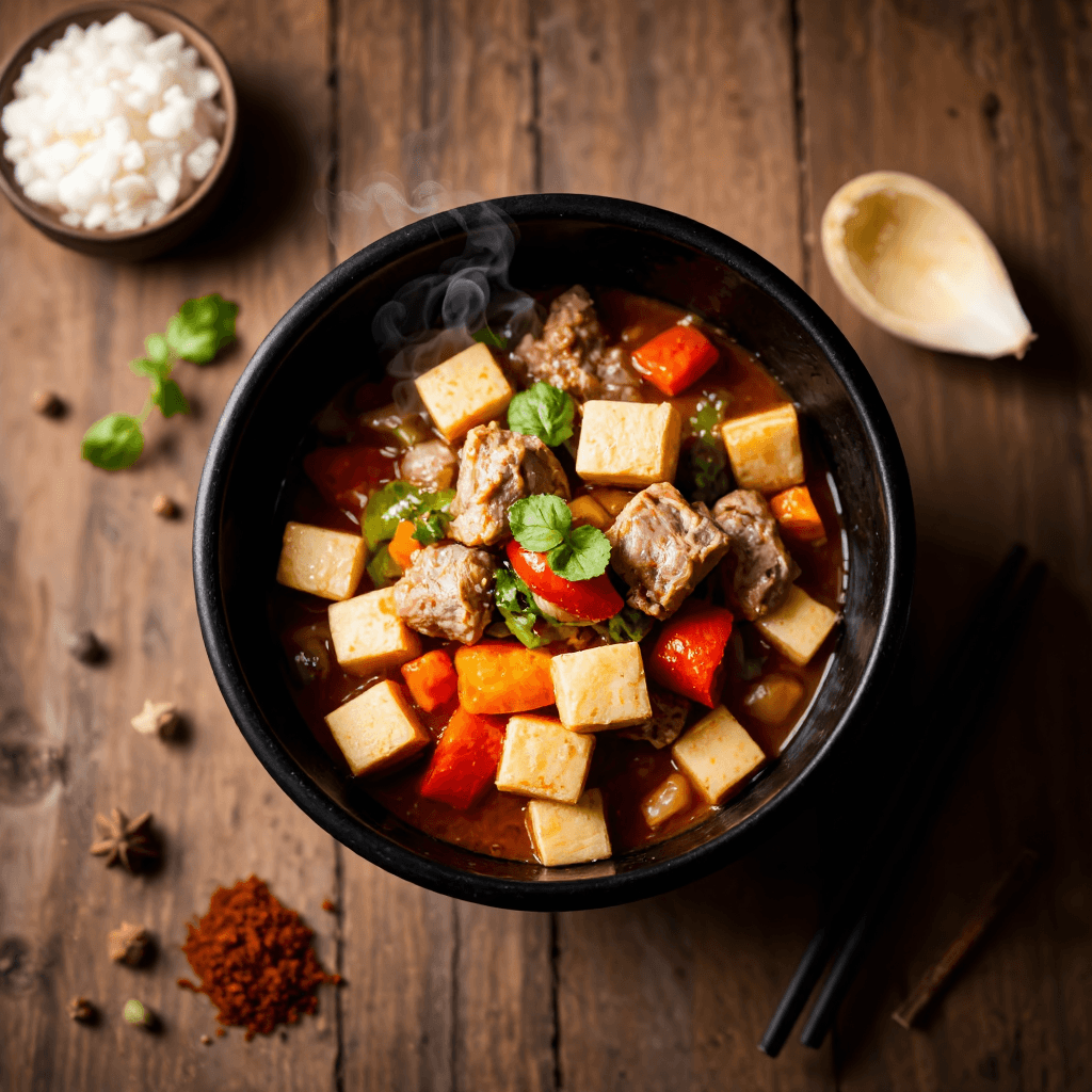 product photography of a bowl of spicy stew with various ingredients