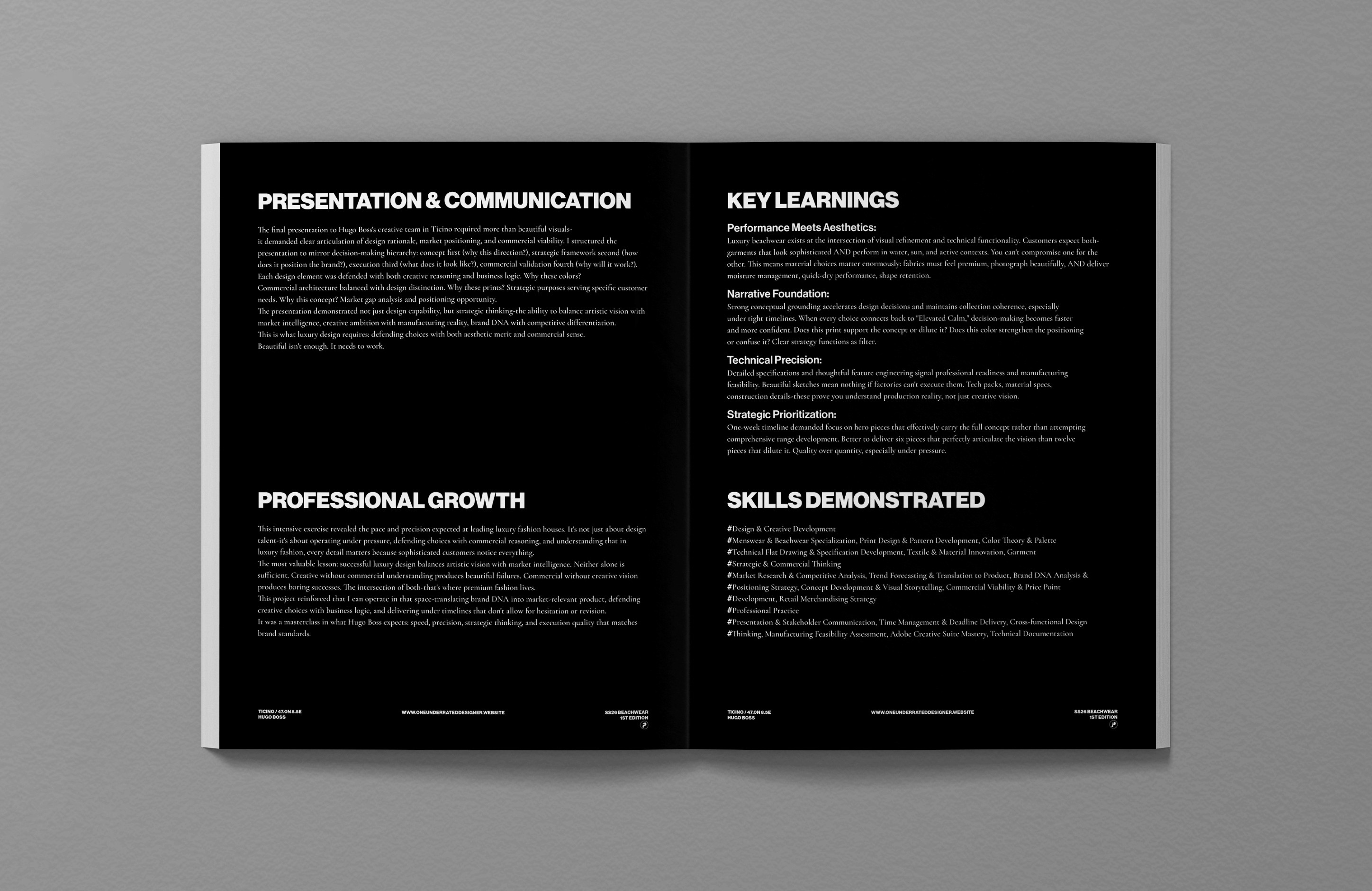 Hugo Boss SS26 editorial closing spread, Presentation & Communication, Professional Growth, Key Learnings, Skills Demonstrated sections
