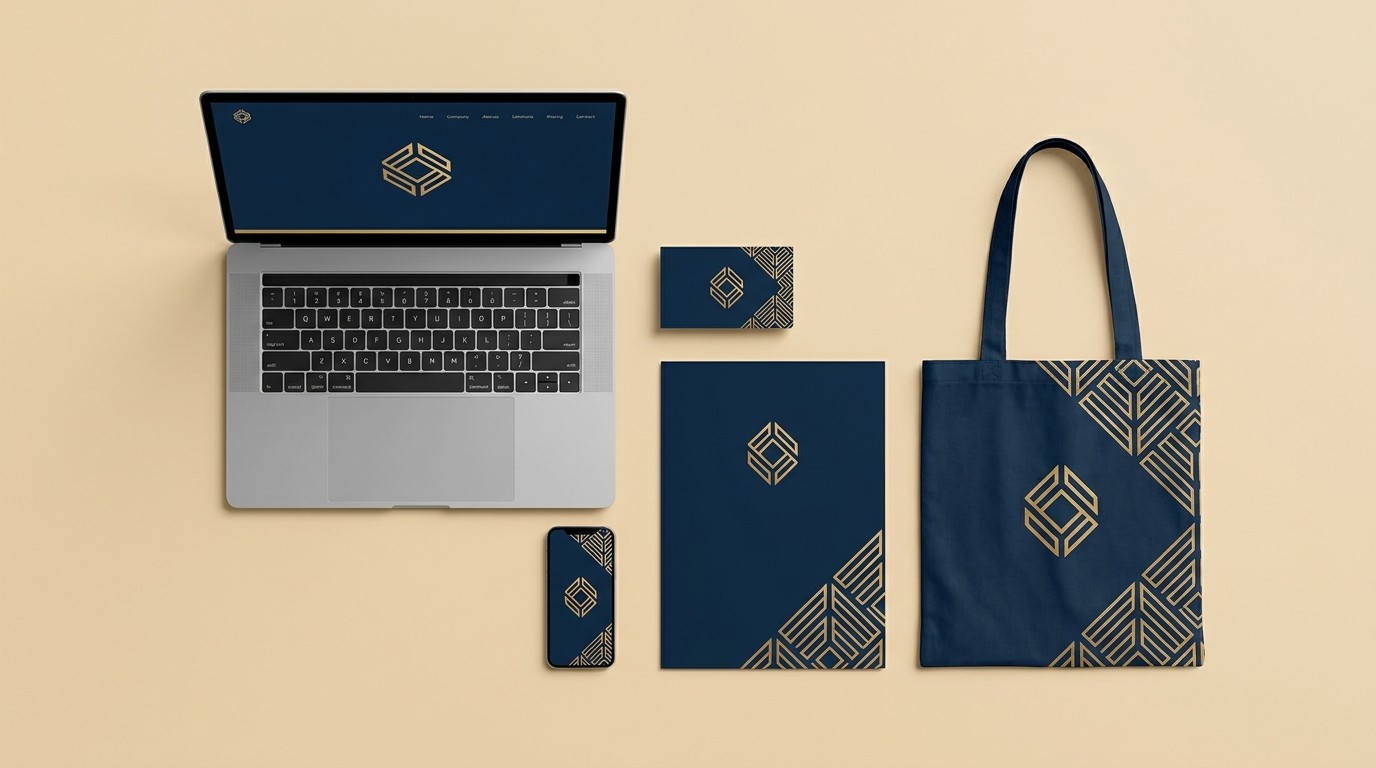 Einheitliches Corporate Design einer Website auf Laptop, Smartphone, Visitenkarte und Printmaterial