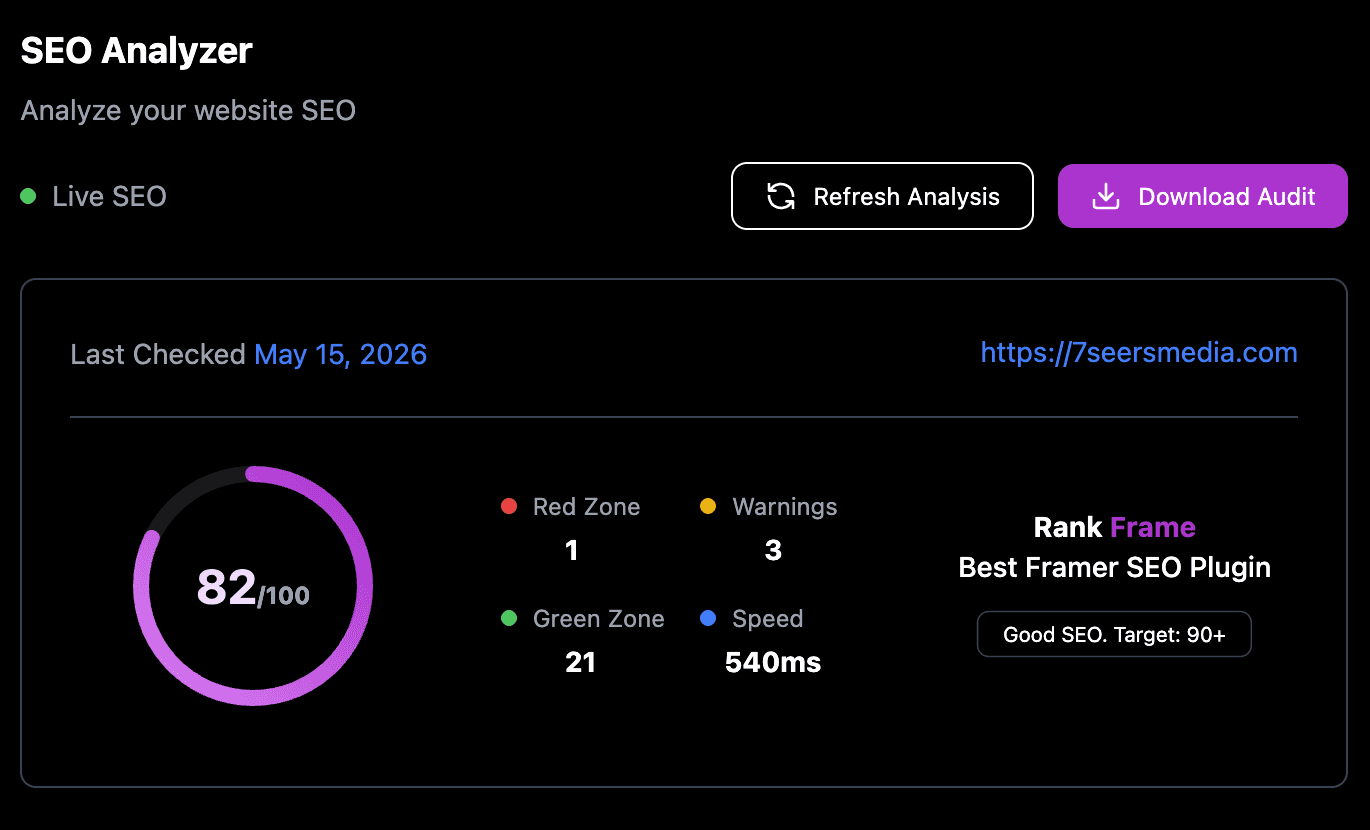 SEO Analyzer website metrics overview in RankFrame