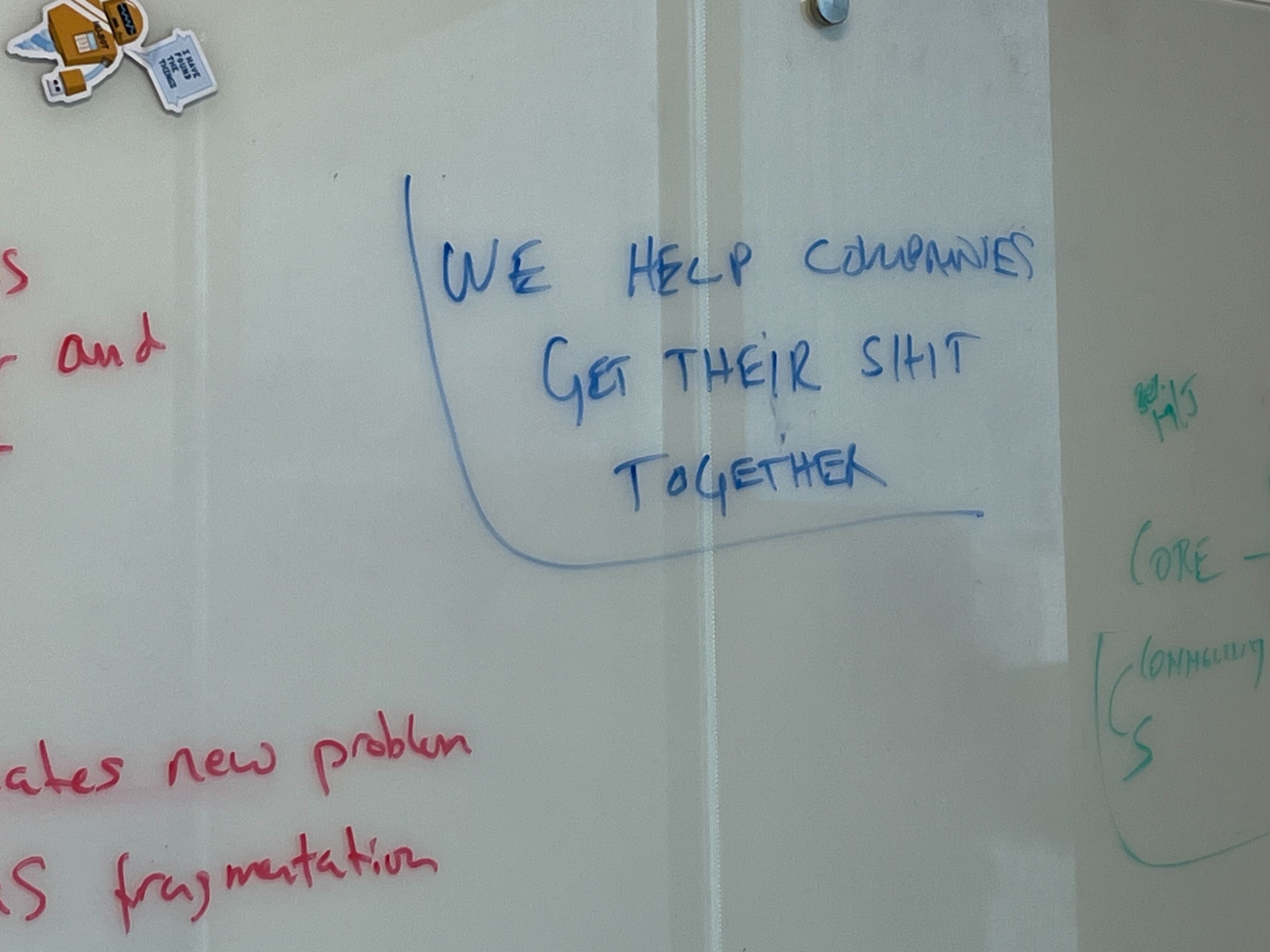 A picture of the whiteboard during our branding brainstorm session