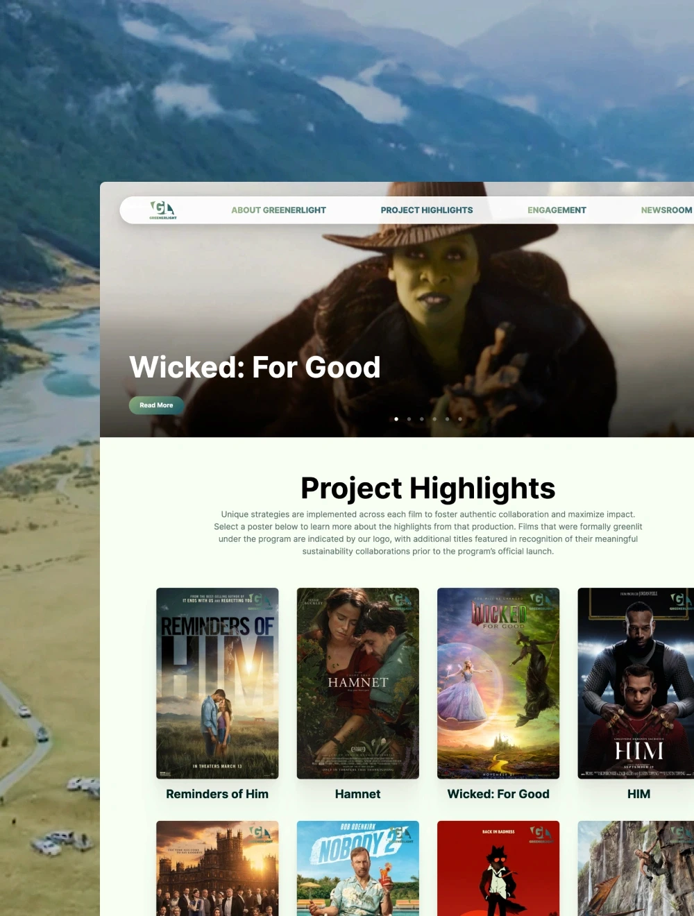 A grid of movie poster cards for films like 'Hamnet' and 'Wicked,' showcasing sustainability highlights on the GreenerLight program hub.