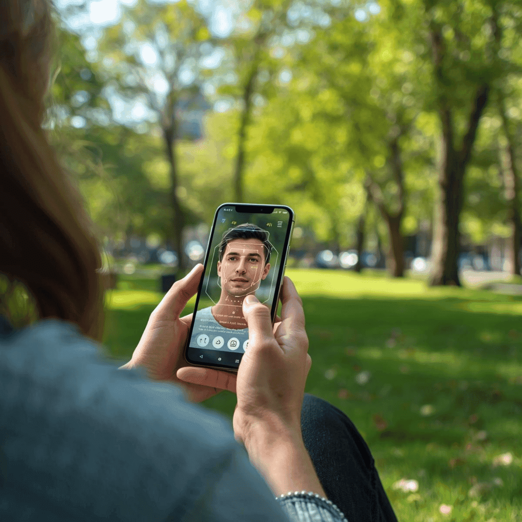Usuario sosteniendo un smartphone al aire libre utilizando una aplicación móvil de inteligencia artificial y realidad aumentada que muestra puntos de mapeo y reconocimiento facial en tiempo real.