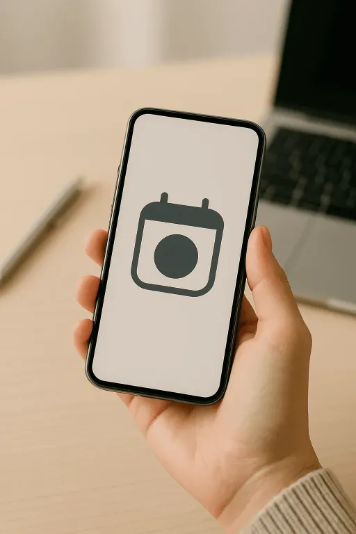 Nahaufnahme einer Hand, die ein Smartphone mit einem Kalender-Icon hält, das für automatisierte Terminbuchungen steht.