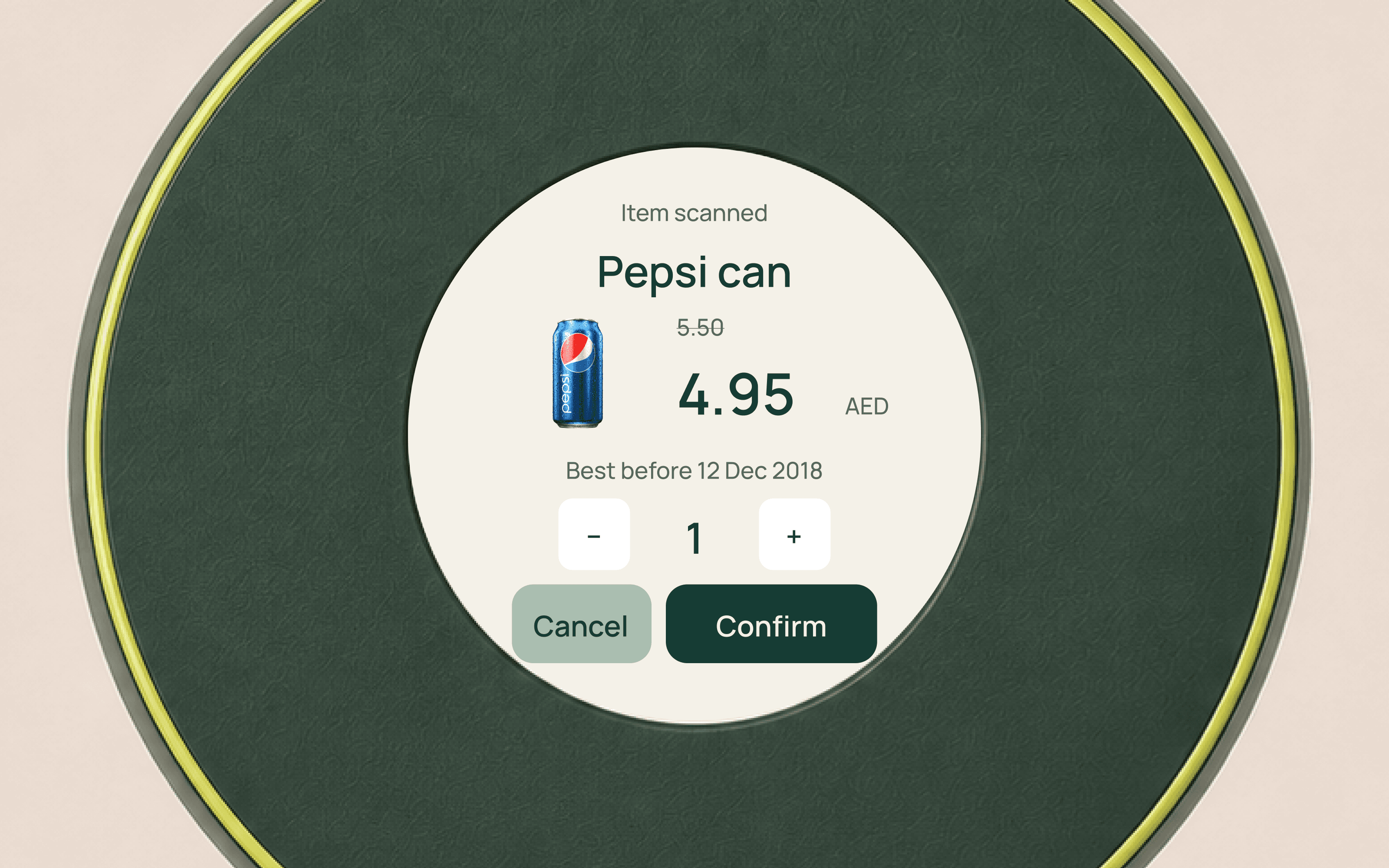 A close-up of the illustrative Along device showing a scanned Pepsi can, price and quantity controls.