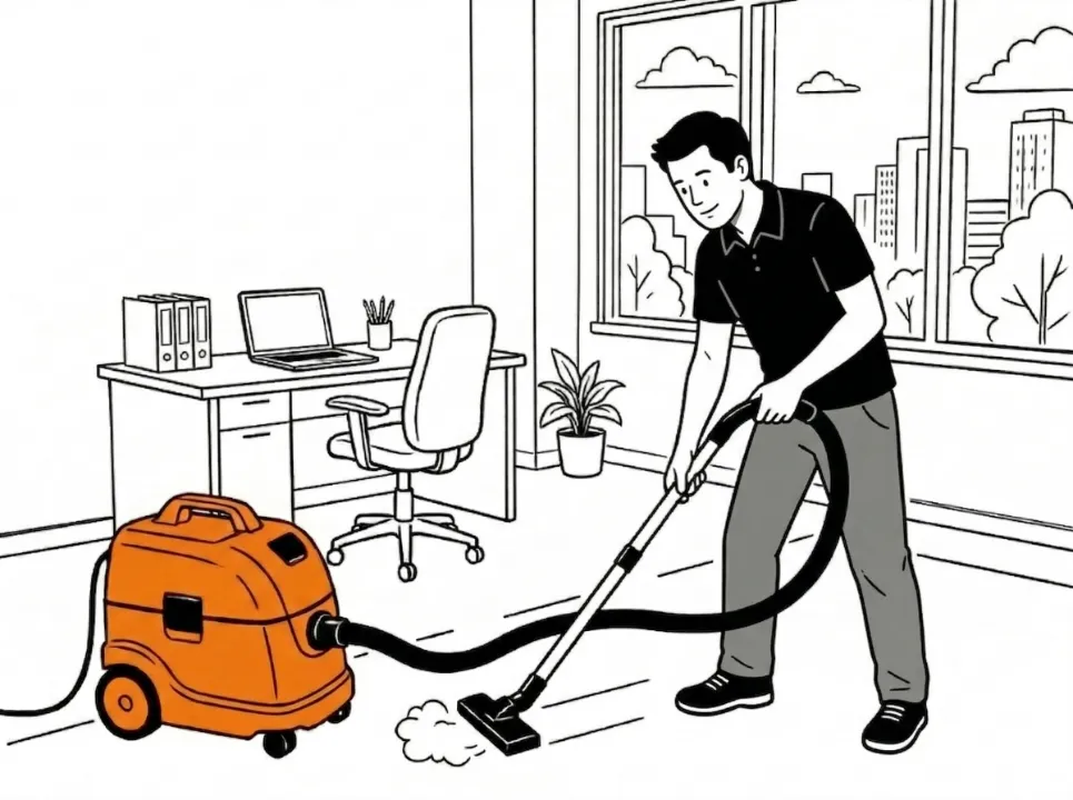 Illustration d'un agent Widy's passant un aspirateur industriel orange dans un bureau avec vue sur la ville.
