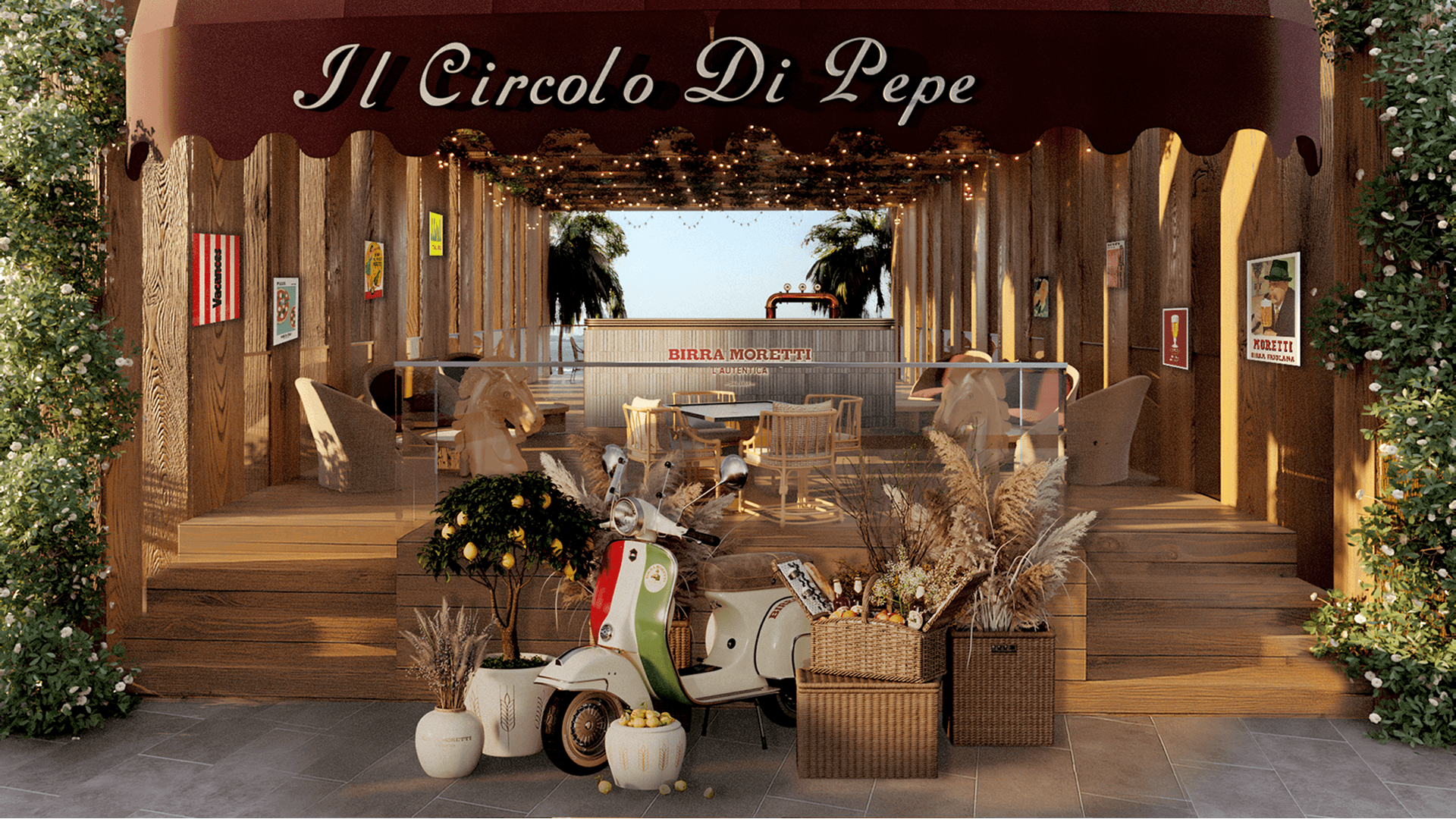 Birra Moretti branded entrance display creating a warm, inviting first impression at the restaurant