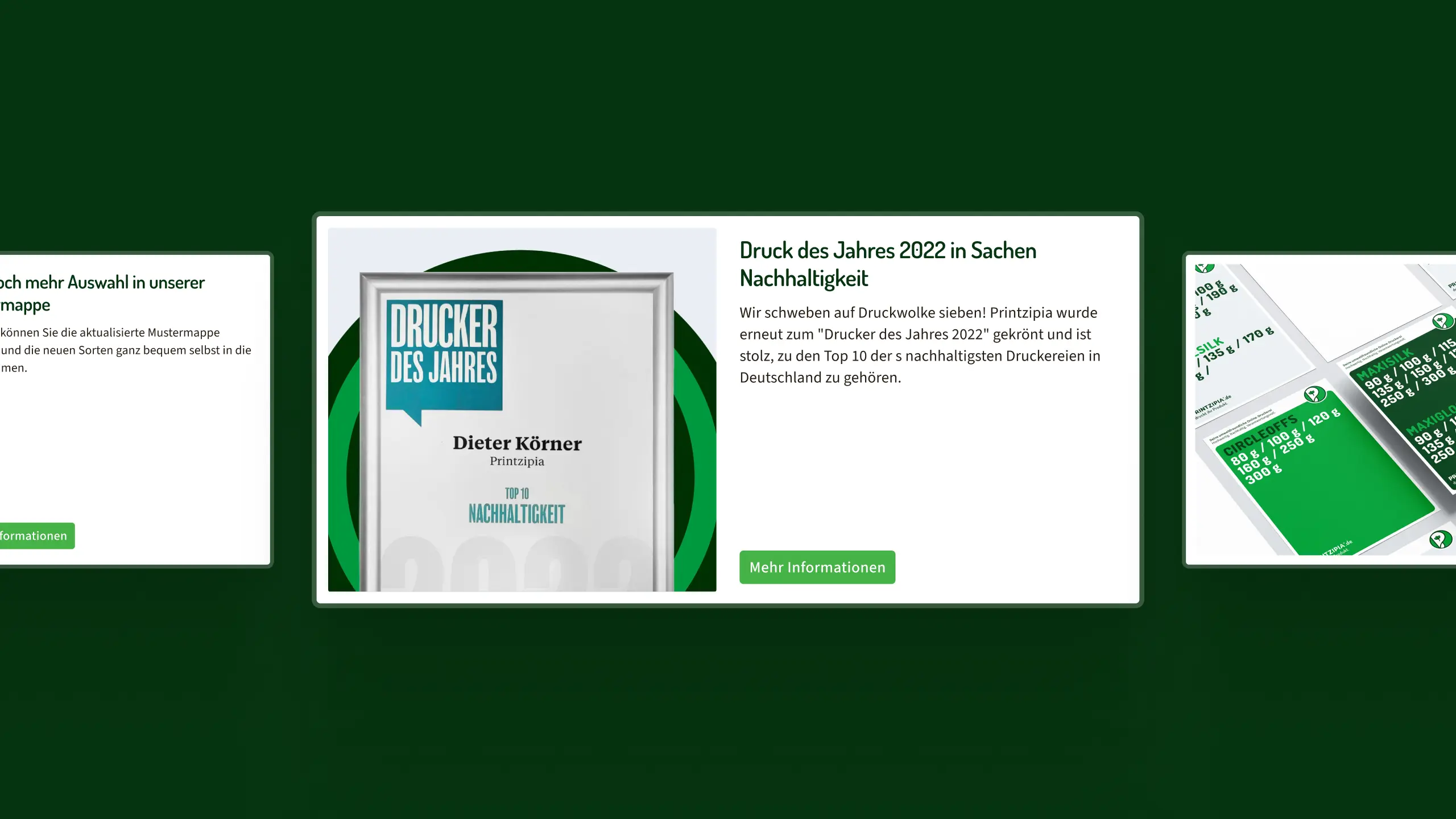 Website-Karussell mit Nachhaltigkeits-Auszeichnung und Papiermustern