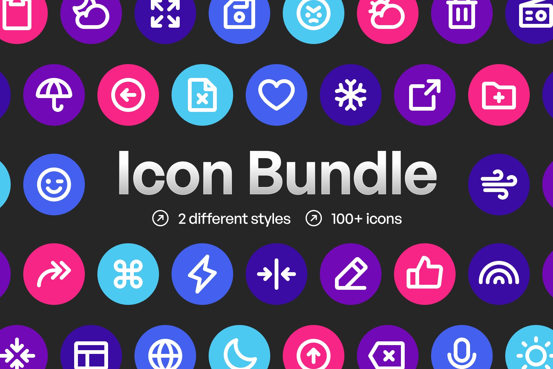 Icon Bundle Overview - Image showcasing a mix of WeatherWhims, Wayfinder Arrows, DigitalCraft UI, and DialogueDuo monochrome icons. Versatile, sleek, and modern design for UI, websites, and presentations.