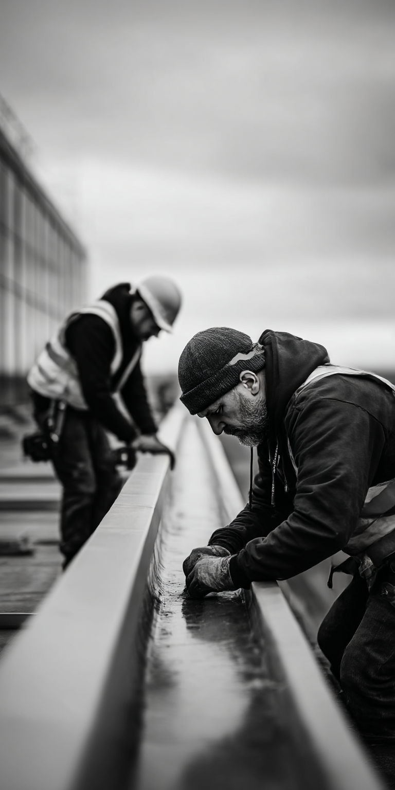dois homens trabalhando na calha de captação de água da chuva de um edifício