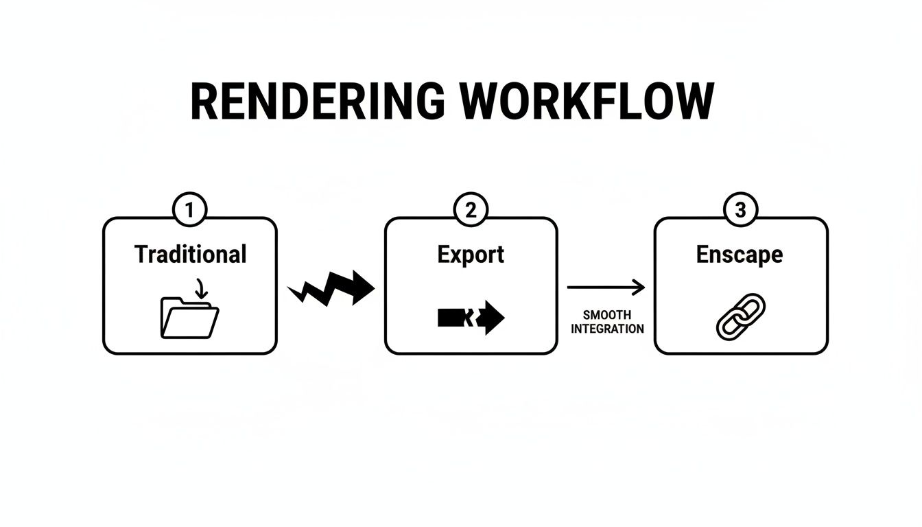 A rendering workflow diagram illustrating traditional export to smooth Enscape integration for design processes.
