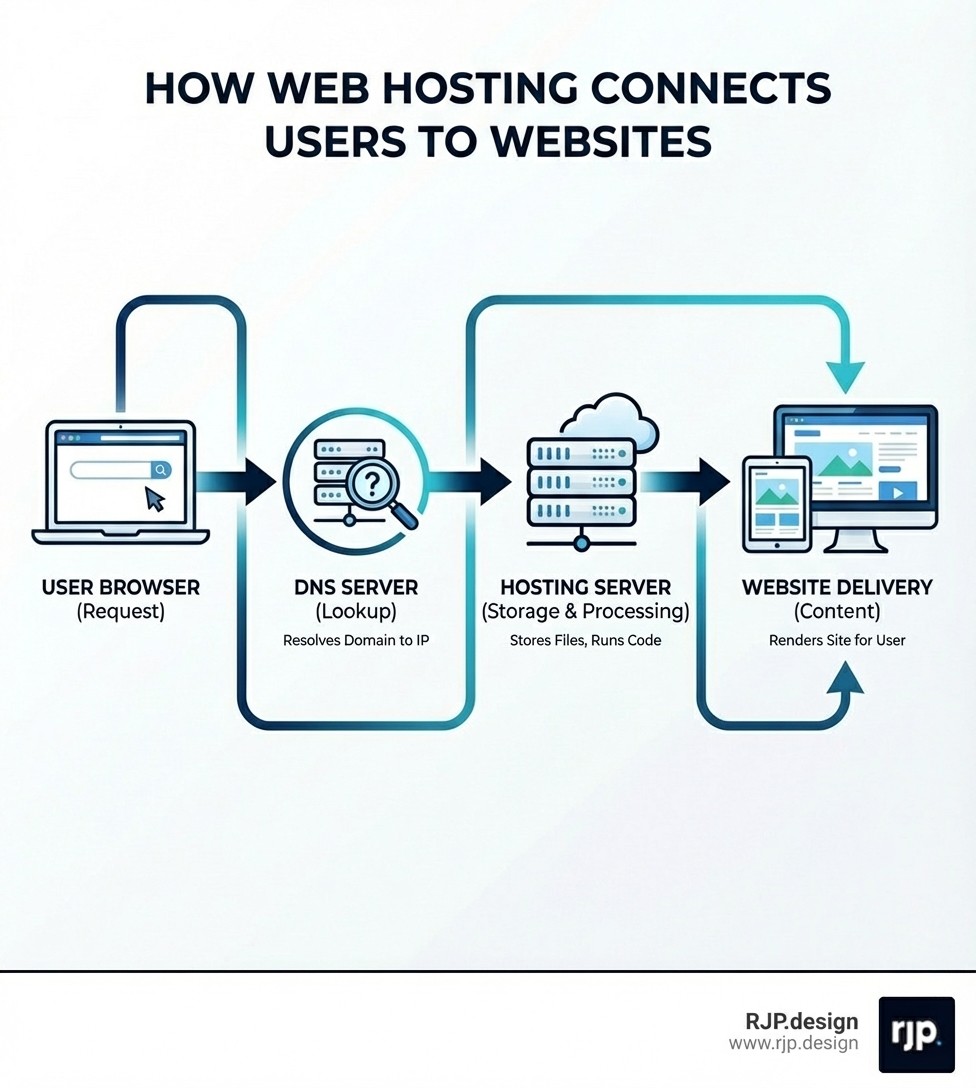 infographic showing the path from user browser to DNS server to hosting server to website delivery, with icons representing each step in the connection process - How to choose hosting provider infographic