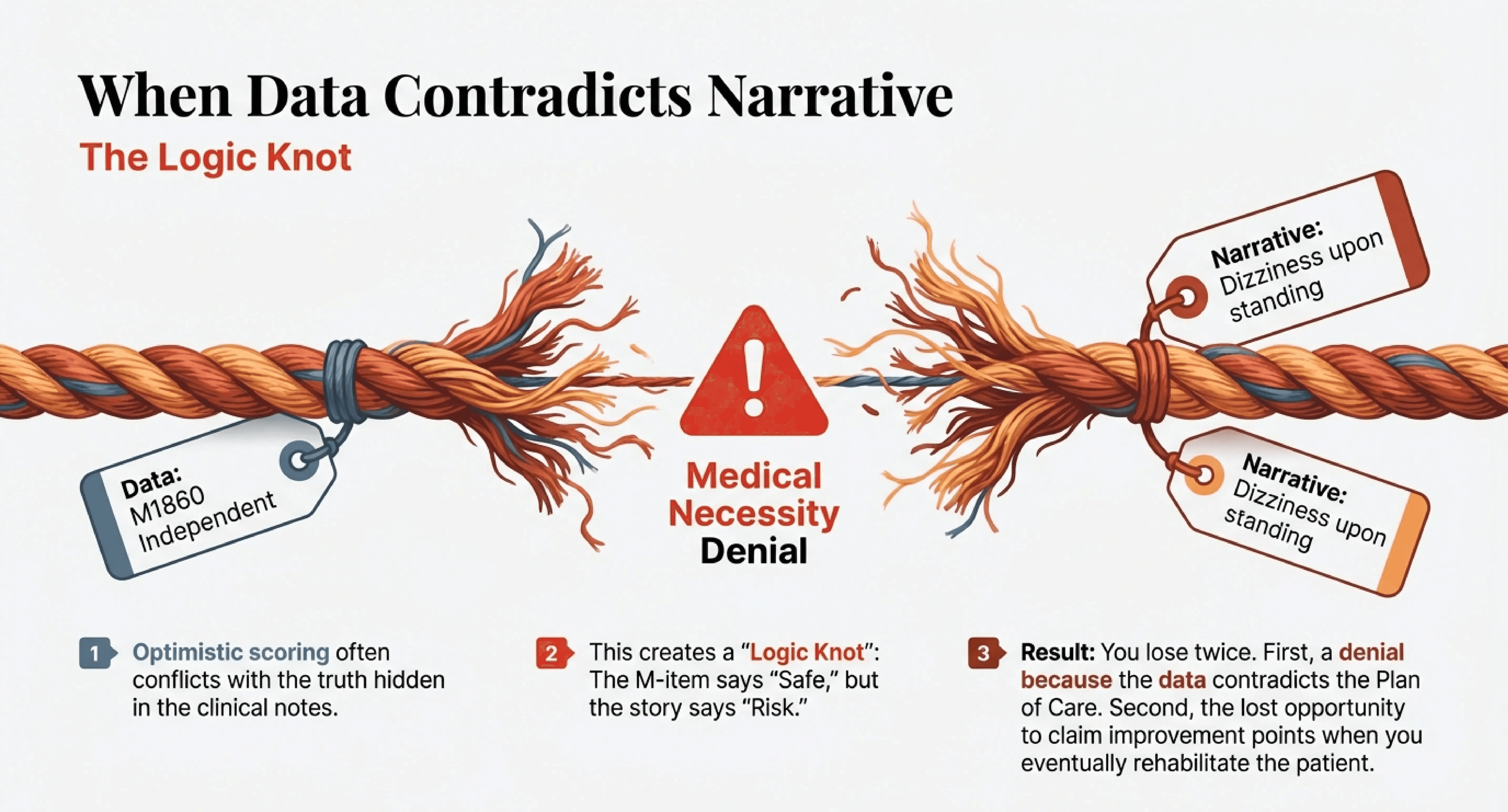 A visual metaphor of a rope being pulled apart and snapping in the center, labeled "The Logic Knot." One end of the rope has a tag reading "Data: M1860 Independent," and the other has a tag reading "Narrative: Dizziness upon standing." A red warning icon in the middle reads "Medical Necessity Denial."
