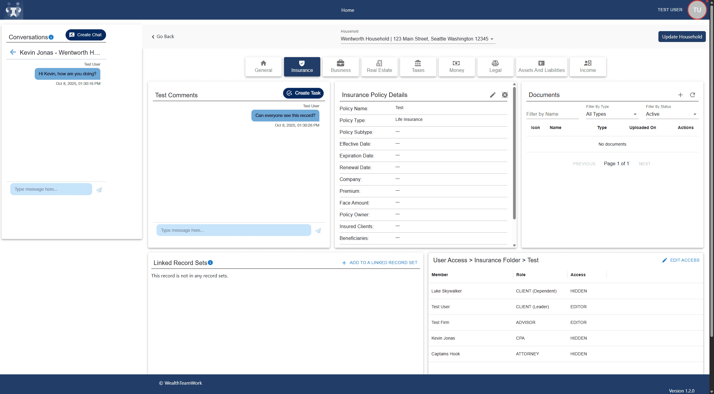 Pre-redesign record details page showing both a persistent messaging panel and separate record comments side by side, creating a confusing and redundant communication experience.