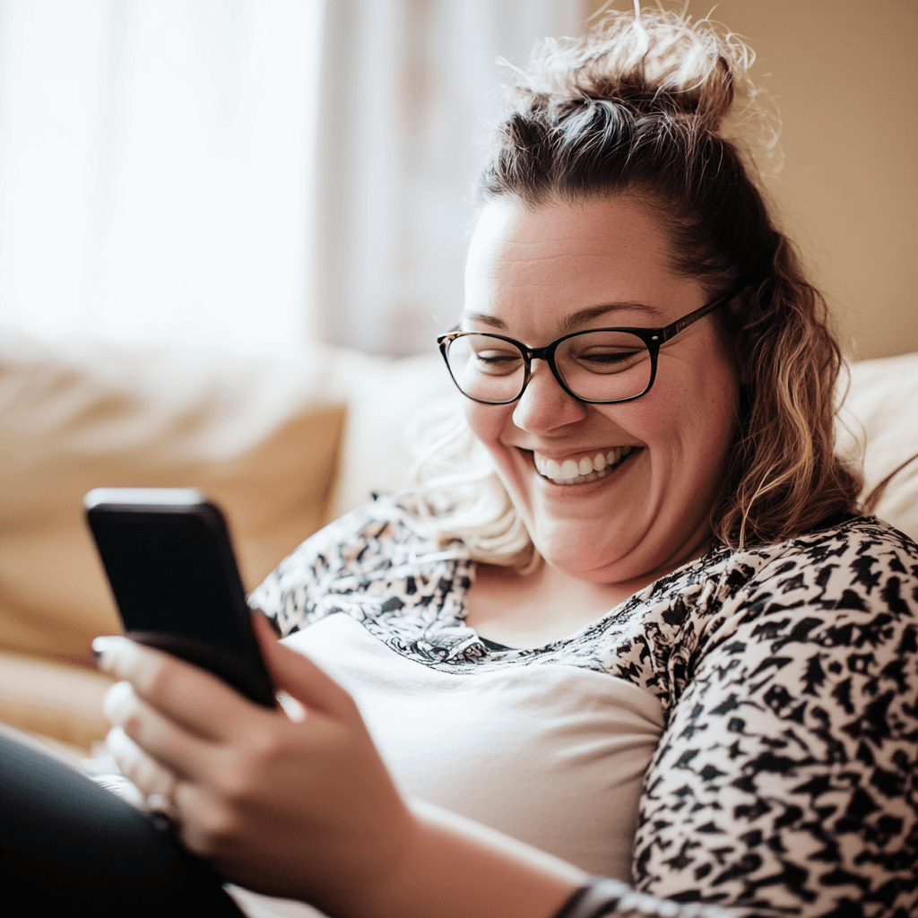 Smiling woman at home ordering meals on her phone