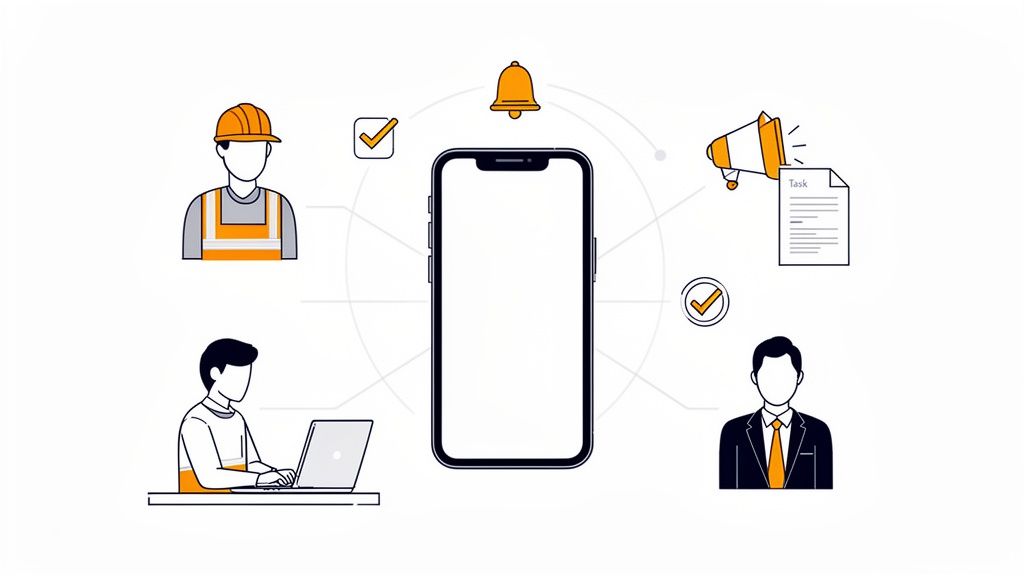 An illustration showing a smartphone as a central hub for employee communication and task management.