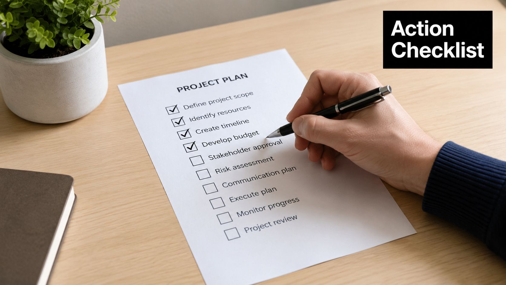 A person hand checking items off a project plan checklist on a wooden desk with a plant.