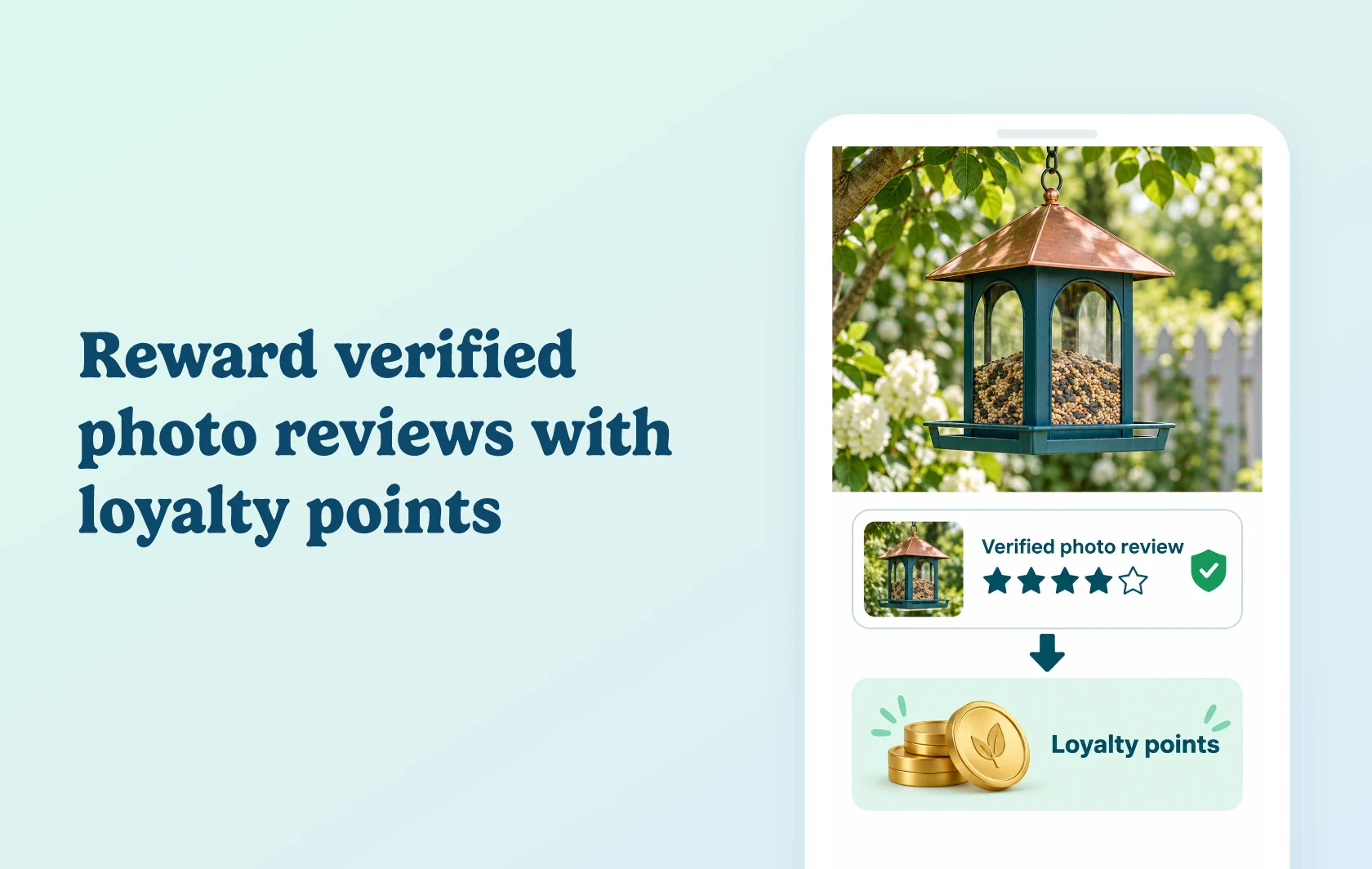 Judge.me and Love Loyalty integration: illustration of a verified photo review of a bird feeder connected to loyalty points inside a phone.
