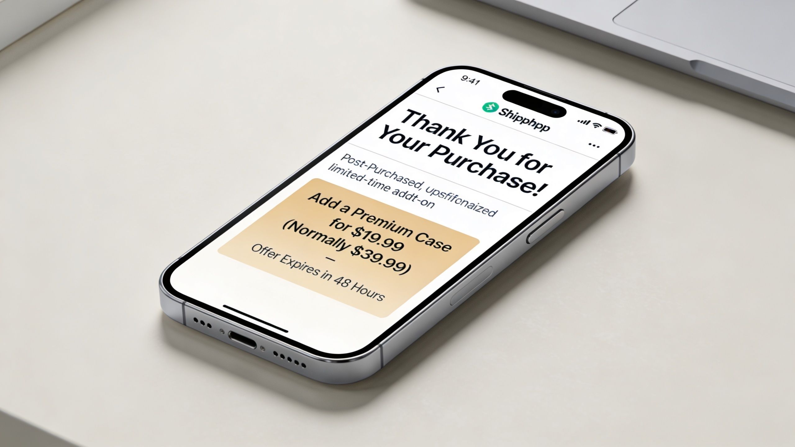 A smartphone display showing a post-purchase upsell offer for a premium case on the Shipphpp application.