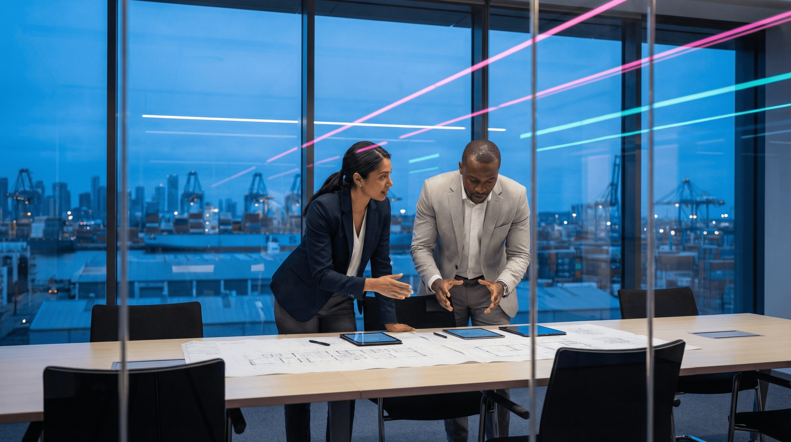 A person sits at a cluttered desk in a dimly lit room, focused on two monitors displaying aerial maps. The walls are covered with various images and notes.