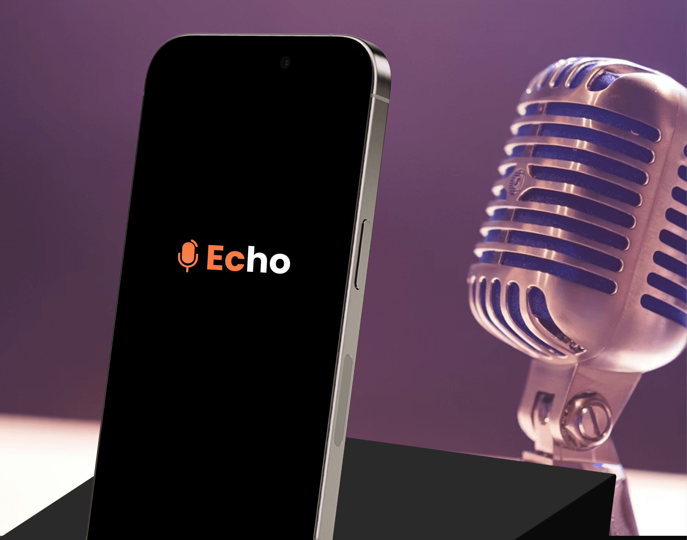 Podcast app mobile interface mockup with microphone background