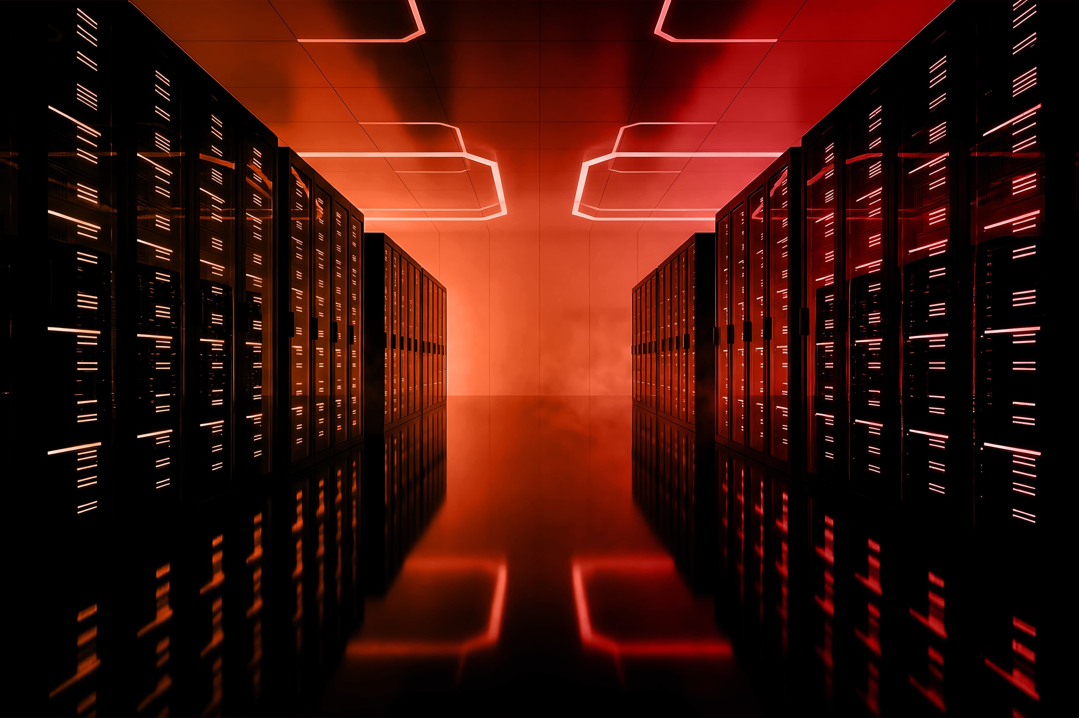 Abstract digital design featuring a bright red X shape with a dark, textured background and glowing lines.