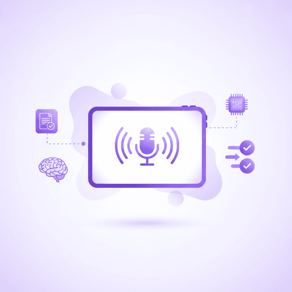 An iPad Pro screen displaying a microphone icon pulsing, indicating active voice interaction.
