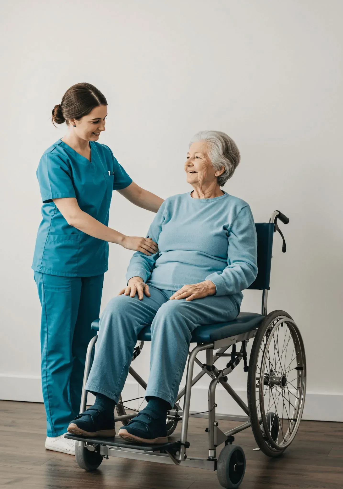 Nurse supporting an older patient using a wheelchair