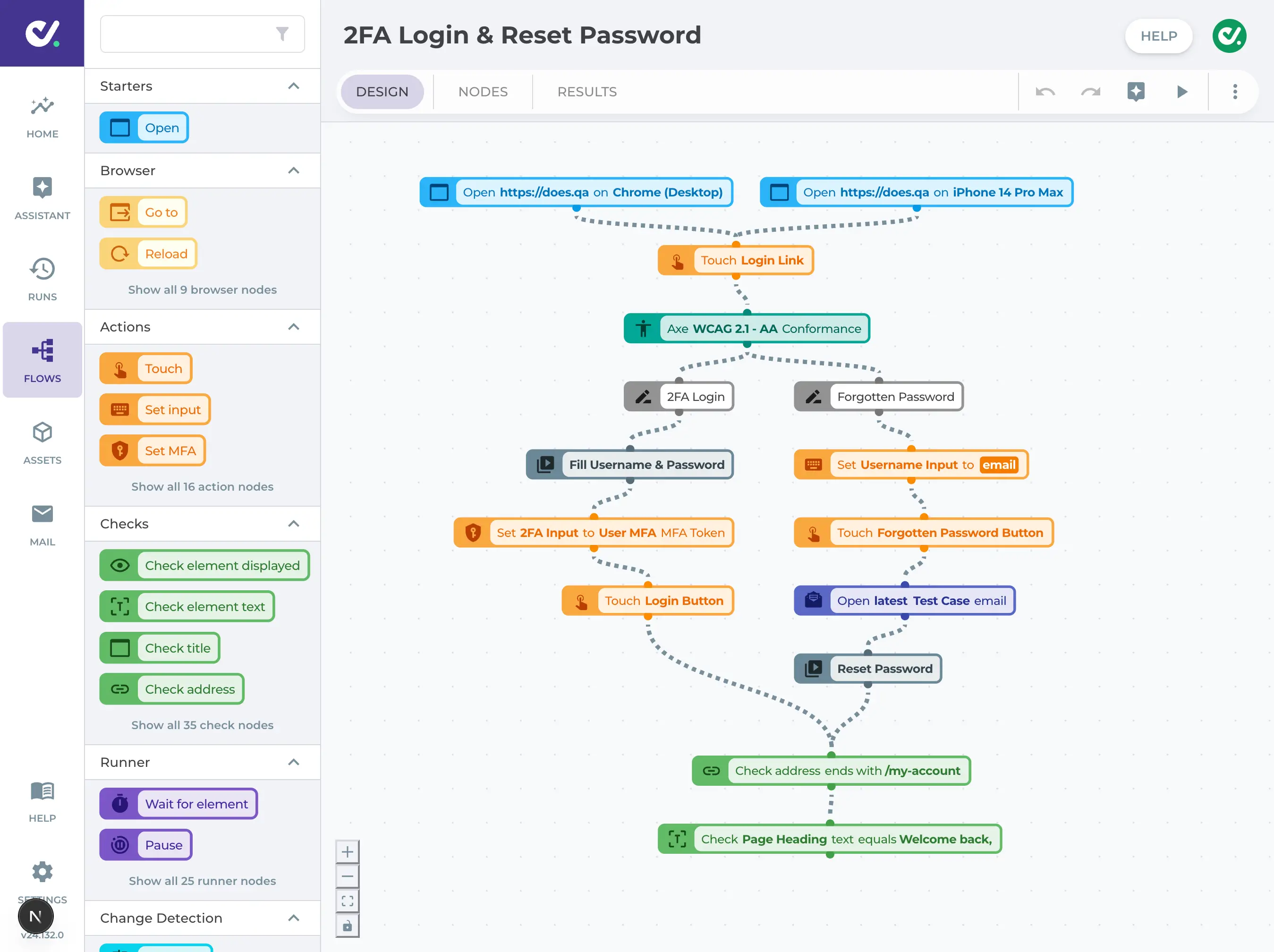Visual test flow builder showing a branching login and password reset journey with actions, checks, and MFA steps.
