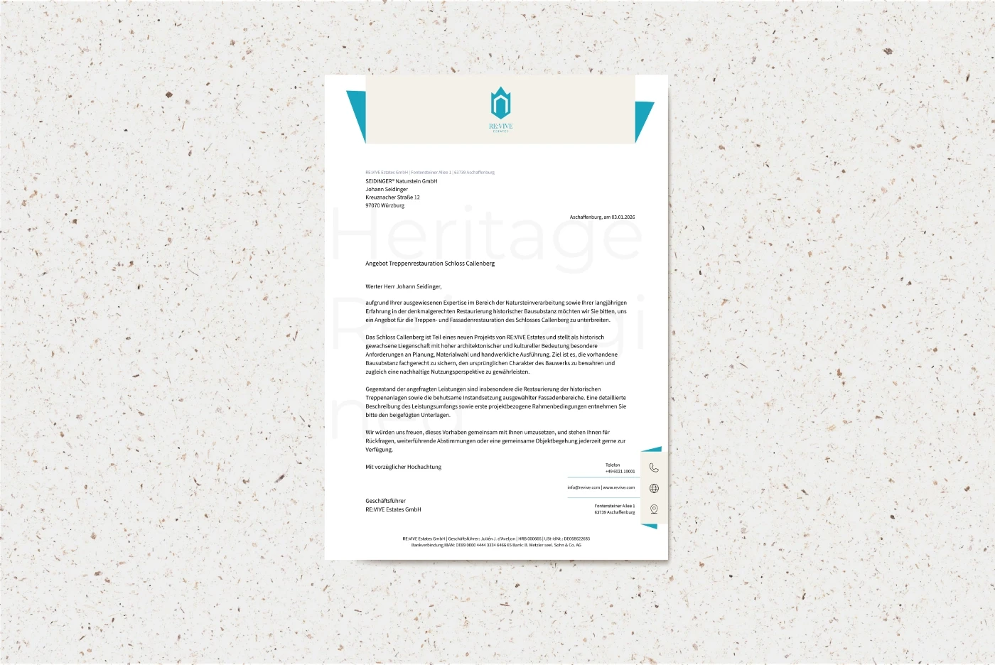 Neues Corporate-Design-Layout des Geschäftsbriefes von RE:VIVE Estates, das Markenidentität, Typografie und strukturierte Informationshierarchie zeigt.