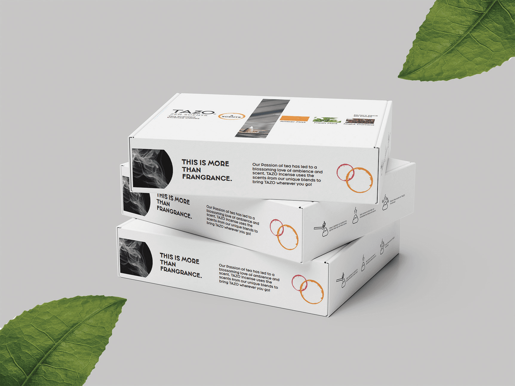 Mockup of 3 Tazo Incense family pack boxes stacked with green leaves in the background