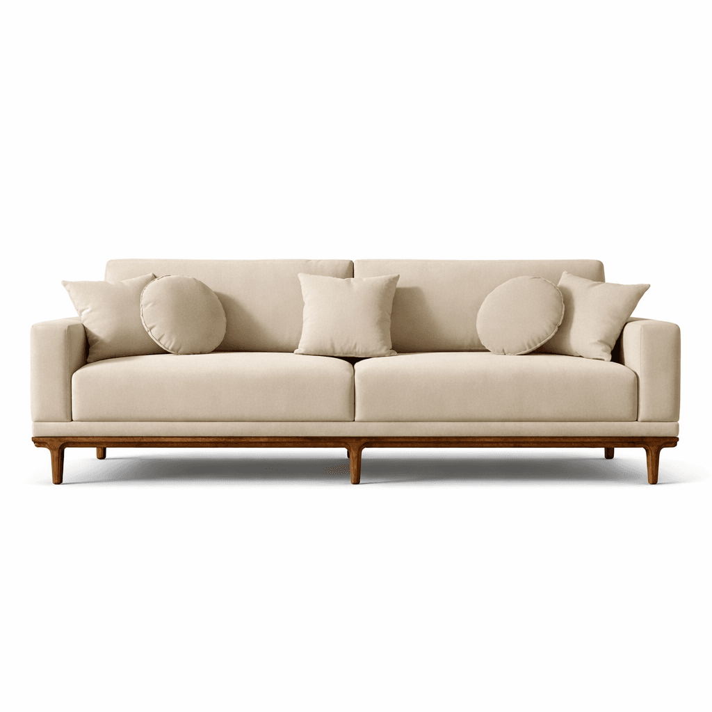 Cream upholstered three-seater sofa with round bolster cushions and wooden base