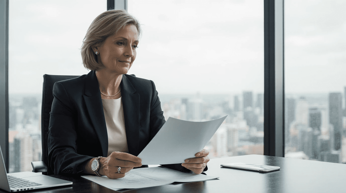 Executiva sênior analisando documentos em escritório corporativo moderno, representando decisão estratégica entre admissão temporária e importação definitiva no planejamento aduaneiro e no comércio exterior.