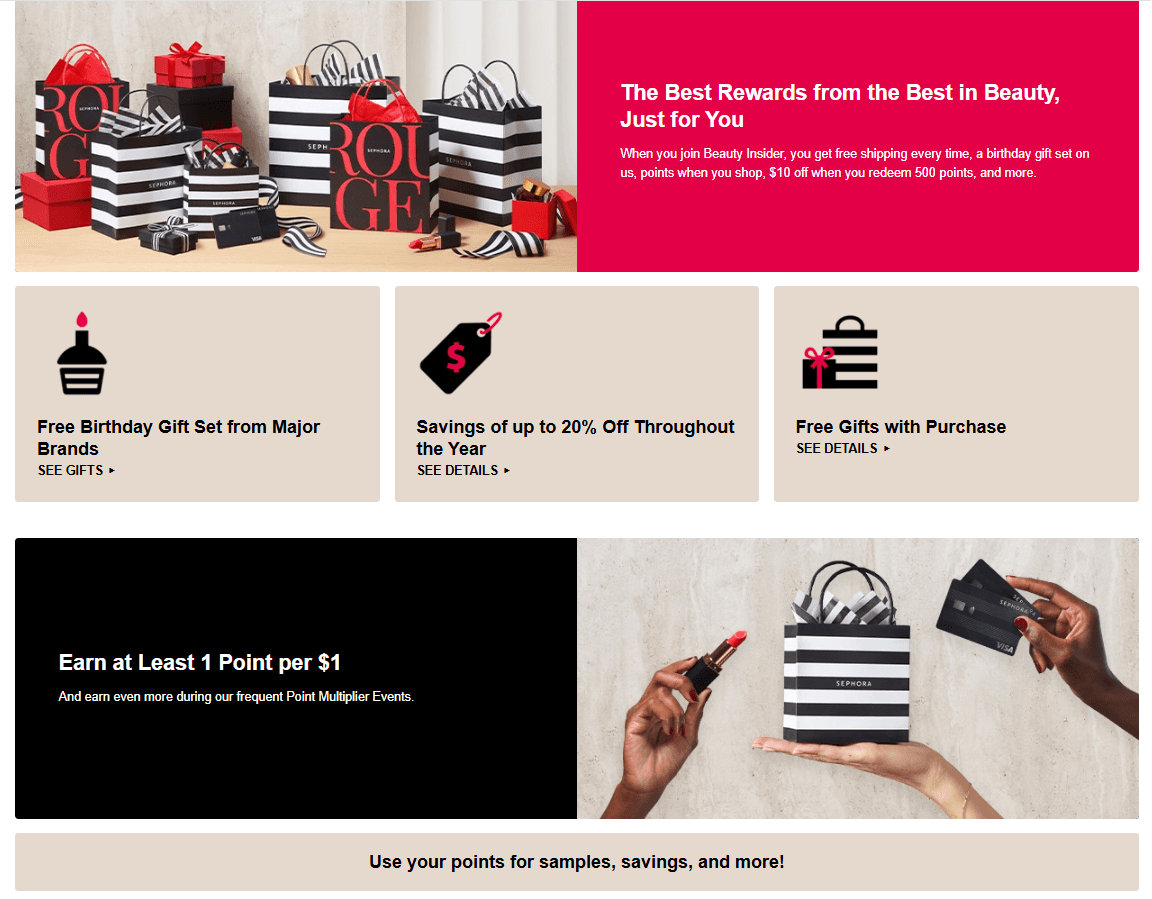 Sephora Beauty Insider loyalty program member benefits overview: hero banner with Rouge gift bags promoting "The Best Rewards from the Best in Beauty, Just for You" — including free shipping, birthday gift set, points on purchases, $10 off at 500 points; three benefit cards highlighting free birthday gift set from major brands, up to 20% savings throughout the year, and free gifts with purchase; plus points earning section showing 1 point per $1 with bonus Point Multiplier Events and rewards redeemable for samples, savings, and more