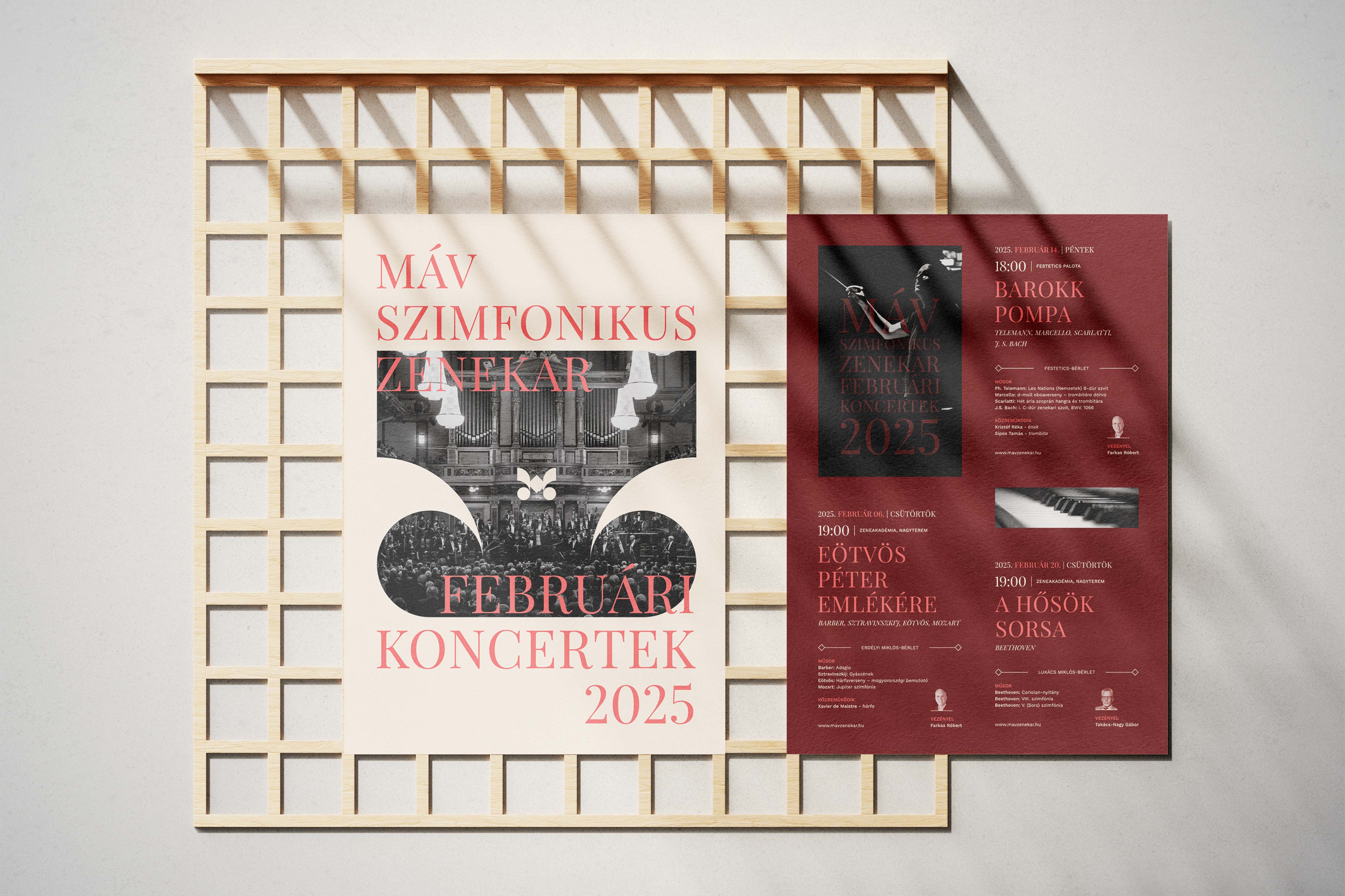 Poster pair showcasing a concert series with large V2 logo motif and classical photography - MÁV Symphony Orchestra, a symphony orchestra brand identity.