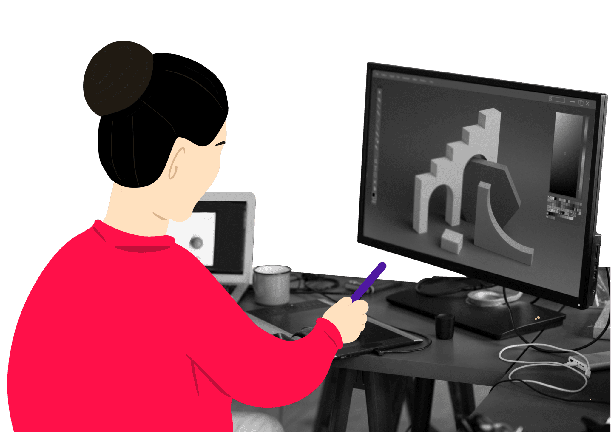 Woman designing 3D model at desk