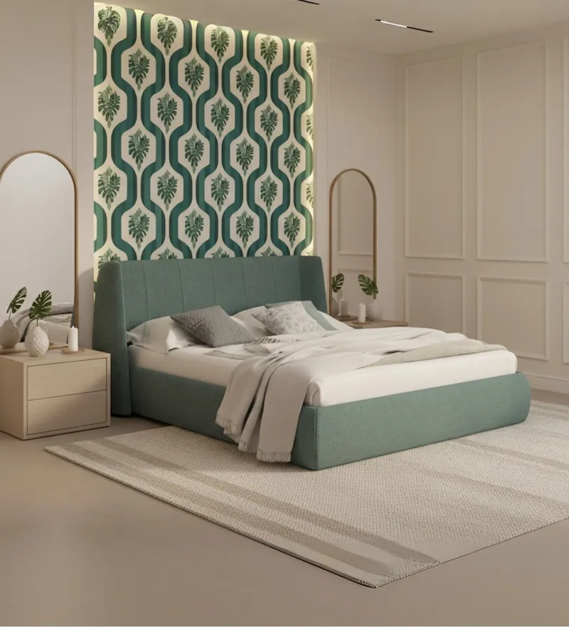Upholstered contemporary bed with padded headboard, soft fabric finish, and low platform base