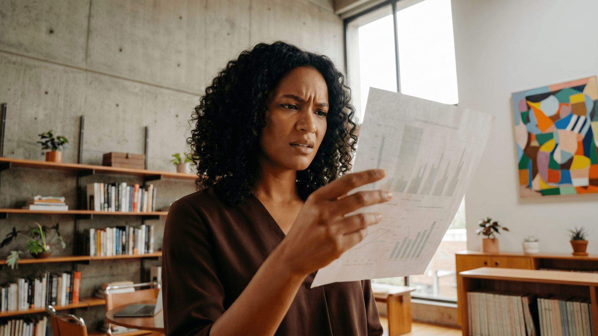 Gestora de clínica com expressão de dúvida analisa um relatório financeiro impresso com gráficos, em pé em um escritório moderno — cenário que ilustra o desafio de interpretar dados financeiros que a Tivita ajuda a simplificar.