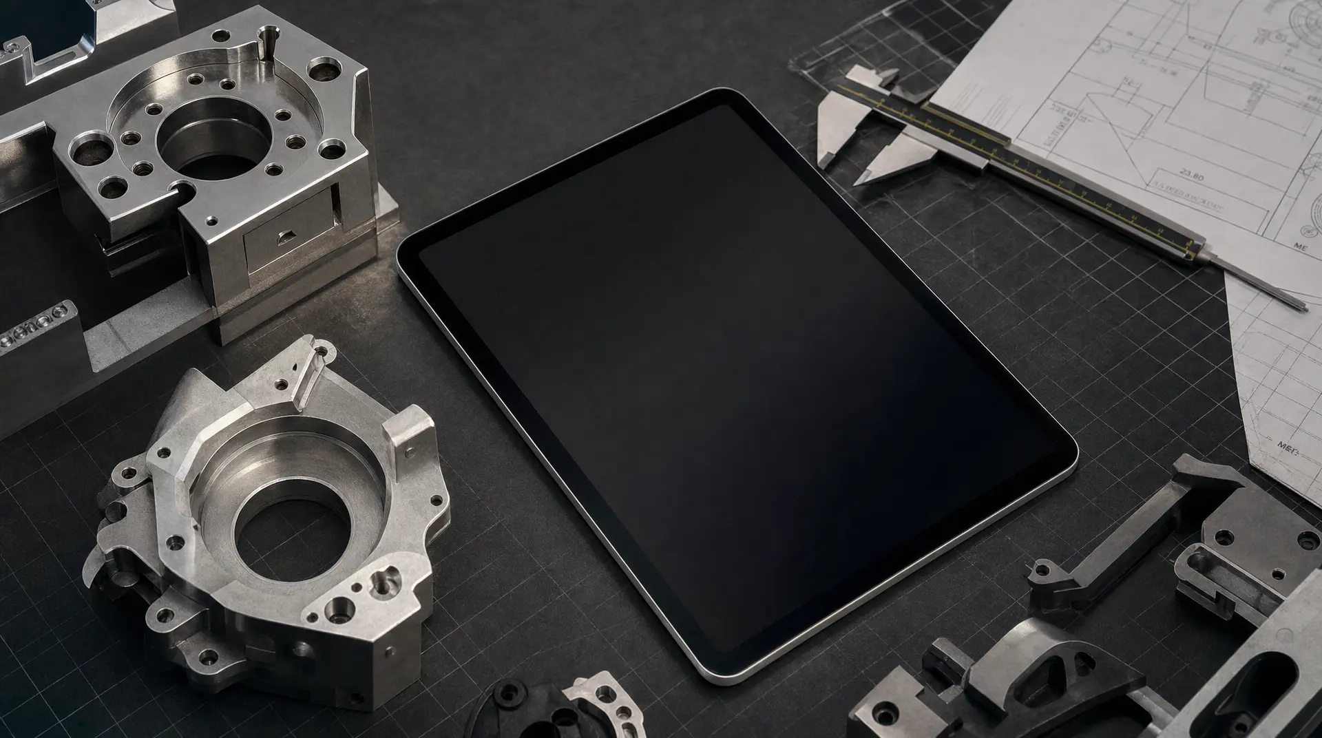 Metal machine components and engineering schematics on a workbench beside a tablet, signaling robotics branding for hardware-focused teams.