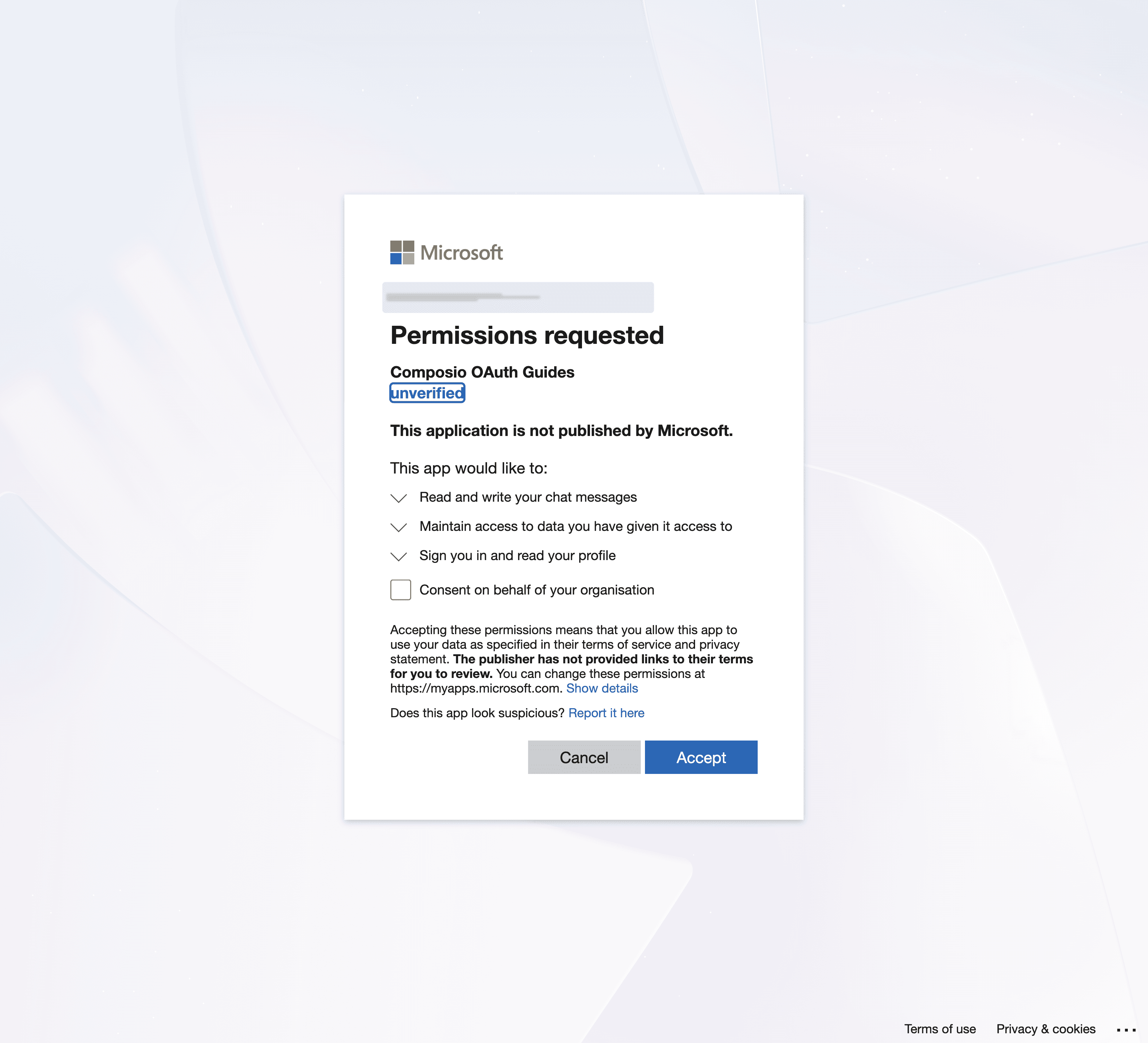 Microsoft Permissions requested page for the unverified custom Composio OAuth Guides app
