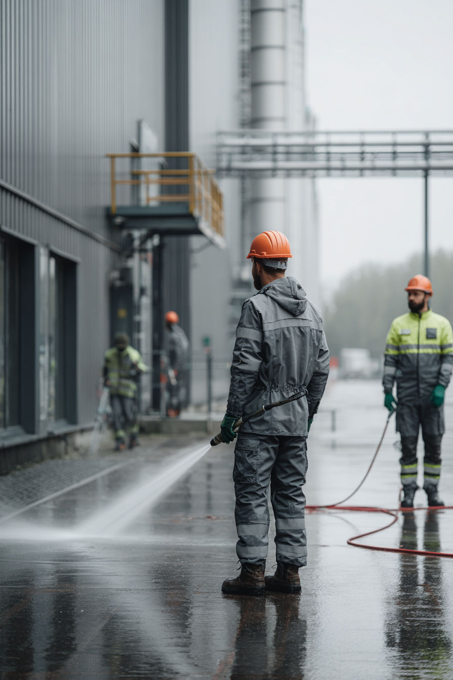 operários de uma empresa limpando a área externa de um edifício industrial com jato de água de alta pressão