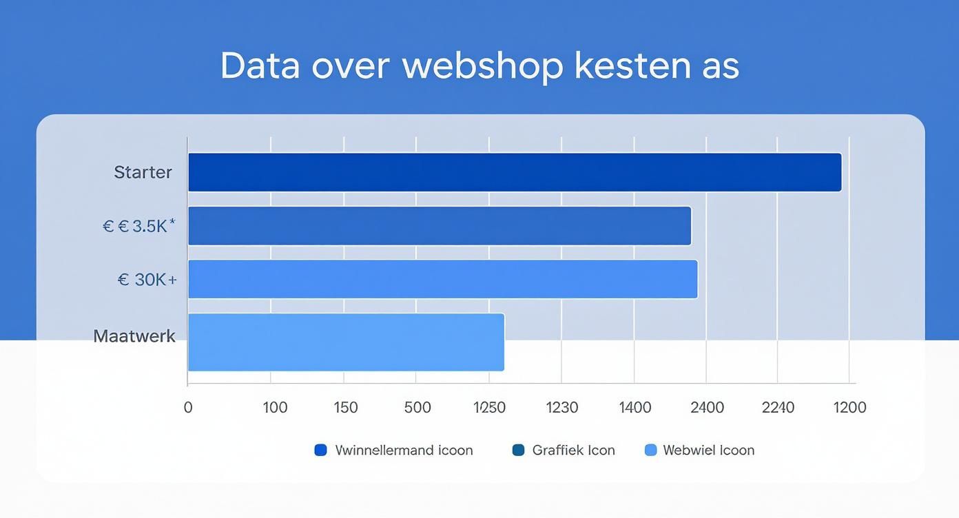 Horizontale staafdiagram toont data over webshop kosten voor verschillende categorieën zoals Starter en Maatwerk.