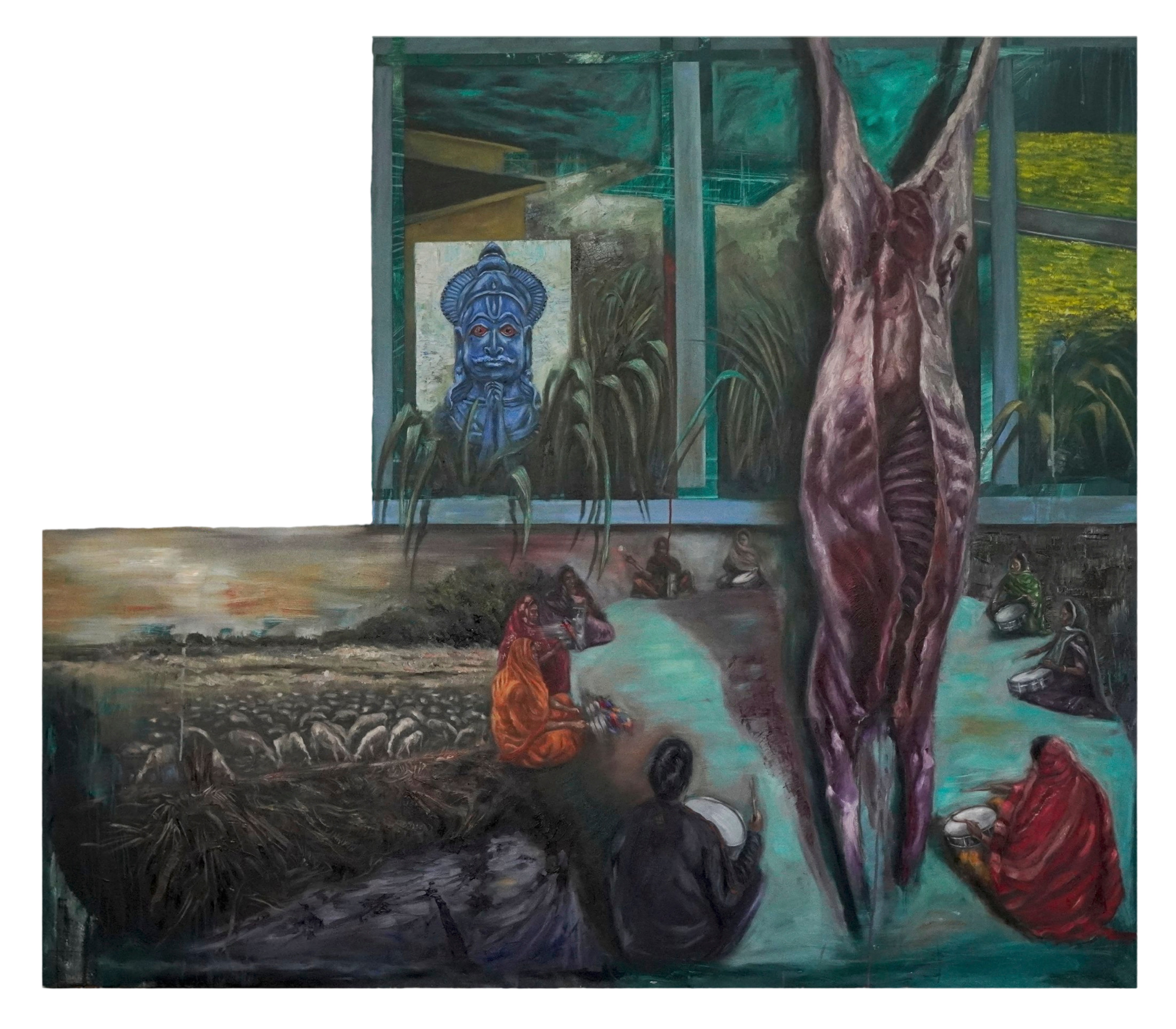 herd of sheep on road painting