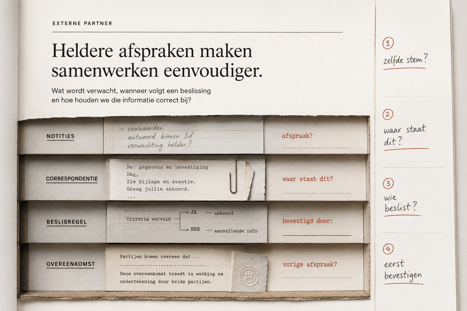 Illustratie van een archiefdoos met notities, correspondentie, een beslisregel en een overeenkomst, met vragen in de kantlijn over waar afspraken staan en wie beslist.