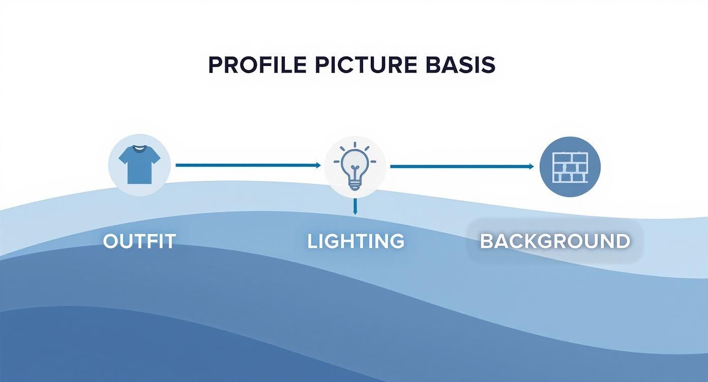 Infografik, die den Entscheidungsprozess für ein gutes Profilbild mit den Schritten Outfit, Licht und Hintergrund visualisiert.
