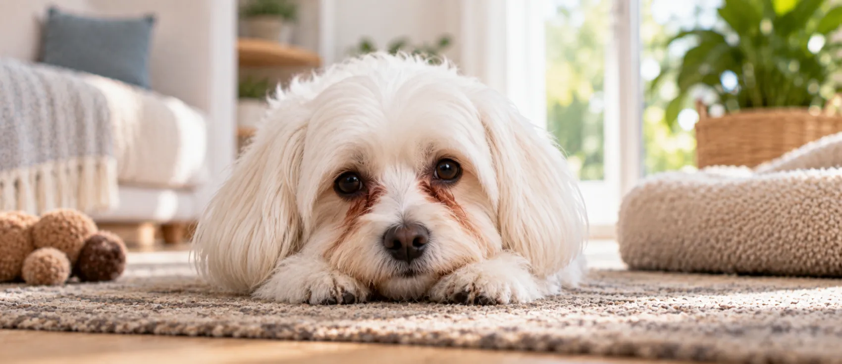White Maltese-mix dog lying down with visible tear staining around its eyes.
