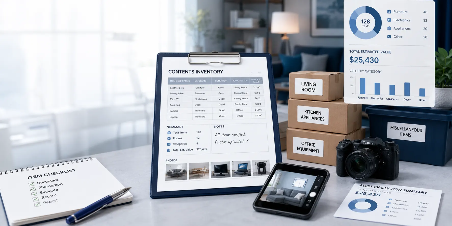 Professional contents documentation and asset evaluation with inventory checklist, labeled assets, camera, and valuation dashboard.
